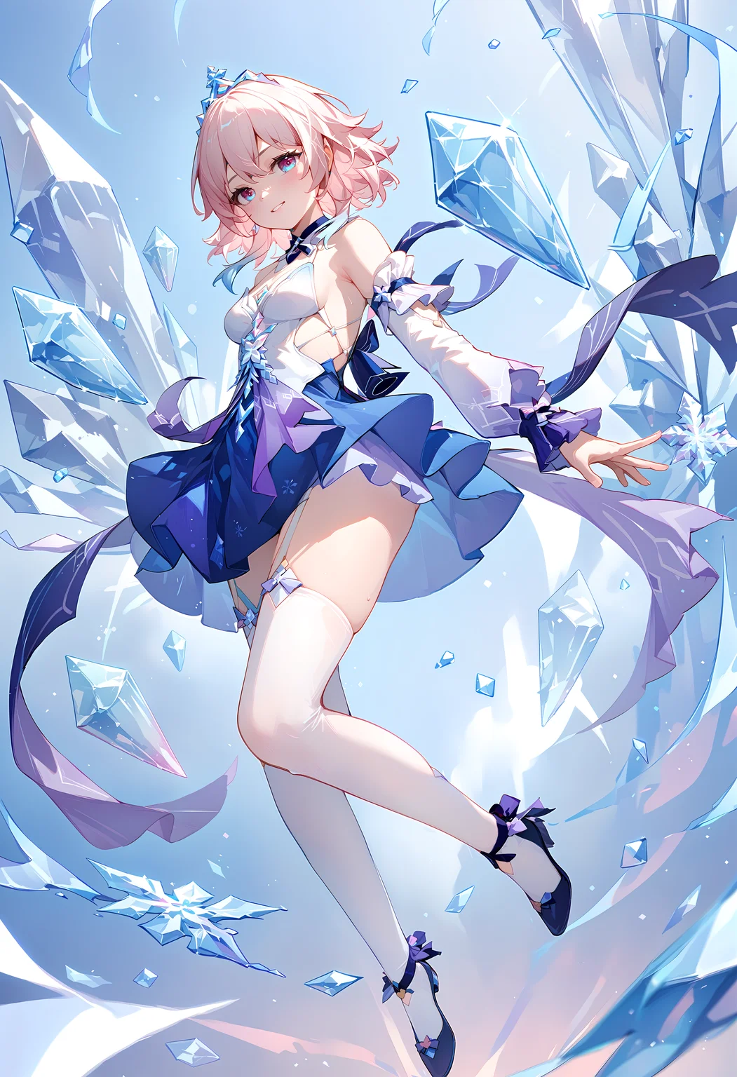 (score_9, score_8_up, score_7_up), 1girl, march7th \(festival\), crown, detached sleeves, white thighhighs, ice, <lora:march7th-strPO-v1AR:0.9>