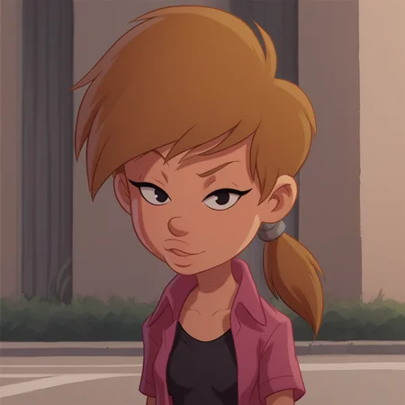 score_8_up, BREAK, 1girl, solo, NADIA, brown hair, black eyes, ponytail, pink open shirt, black shirt, portrait, outdoors, <lora:Nadia_titeuf_PXL_Leaf1:1>, looking at viewer,