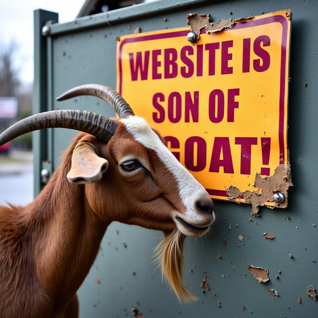 a maintenance sign in a work zone, (text reads, ("WEBSITE IS SON OF GOAT!")), a real goat is eating the bottom edge of the sign and has damaged it,
highest quality