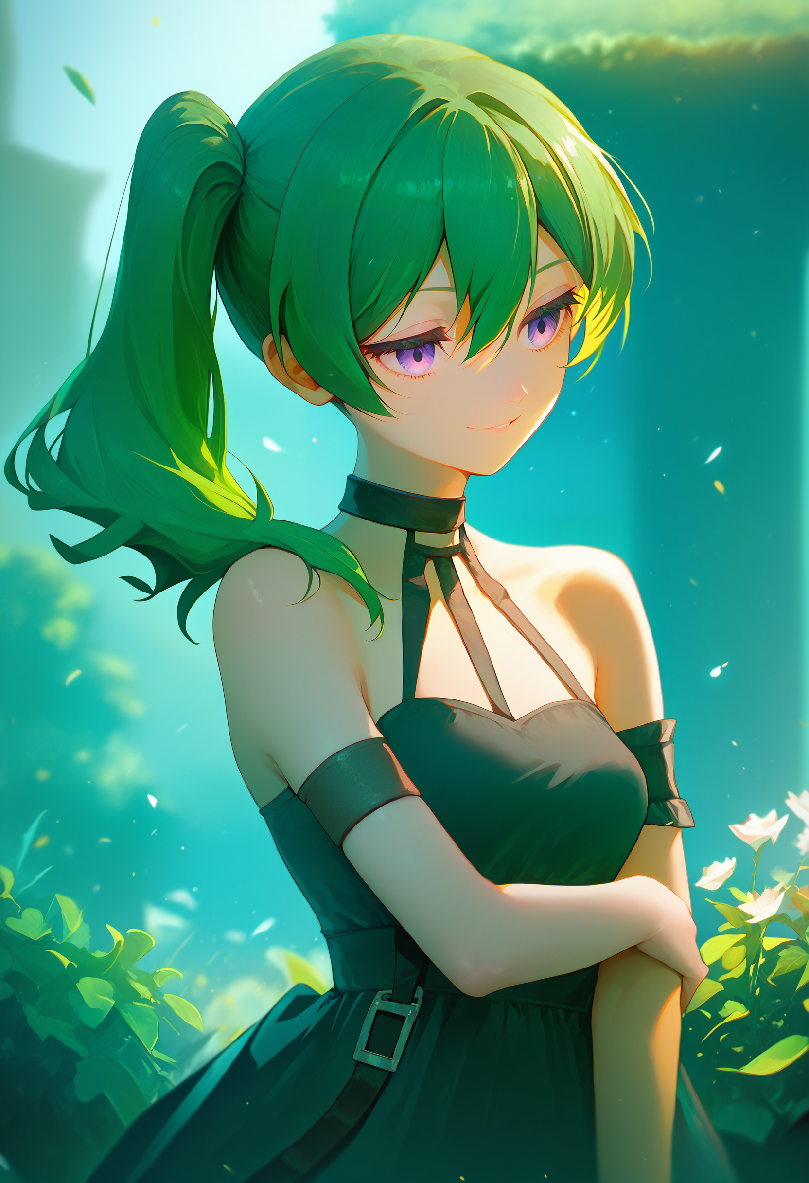 ubel \(sousou no frieren\), 1girl, outdoors, upper body, sly smile, green hair, side ponytail, black dress, black choker, arm strap, <lora:sousou_no_frieren_collection_v1.2:1> score_9, score_8_up, score_7_up, score_6_up, absurdres, masterpiece, best quality, very aesthetic