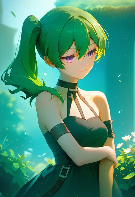 ubel \(sousou no frieren\), 1girl, outdoors, upper body, sly smile, green hair, side ponytail, black dress, black choker, arm strap, <lora:sousou_no_frieren_collection_v1.2:1> score_9, score_8_up, score_7_up, score_6_up, absurdres, masterpiece, best quality, very aesthetic