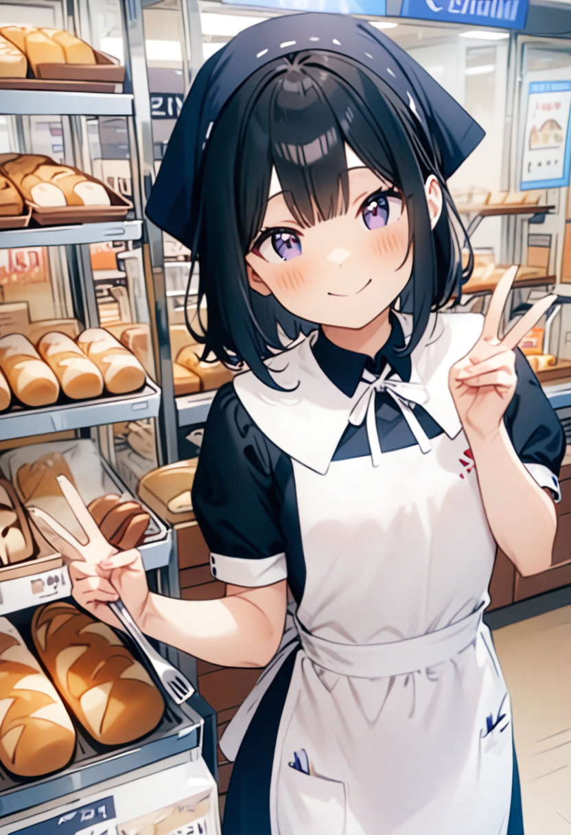 masterpiece, best quality, very aesthetic, absurdres, cute, 
1girl, solo ,  black hair, medium hair, smile, v, shop, food, bread, looking at viewer, indoors, tongs, black hair, hand up, smile, 
vfu, black dress, employee uniform, indoors, holding, short sleeves, white apron, v, standing, collared dress, head scarf, uniform, shop,
<lora:VFU_SDXL_V2:1>