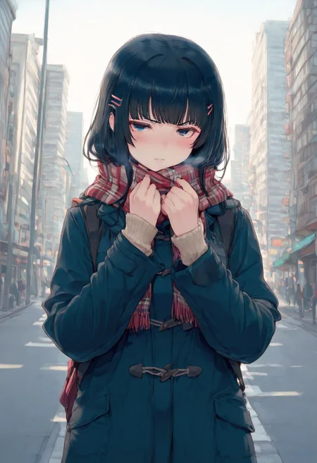 masterpiece, high quality, absurdres, depth of field, vivid colors, sharp focus, cinematic lighting, smooth shading, intricate details, very aesthetic, 8K, HDR, 
1girl, solo, blush, detailed skin, detailed eyes, perfect face, professional photography, perfectly composed, no defects, perfect hands, perfect anatomy, no extra fingers, no disfigured face, no asymmetrical eyes, no unnatural body proportions, black hair, blunt bangs, tired, winter clothing, outside, city, annoyed, detailed expression, looking at viewer, hairclips