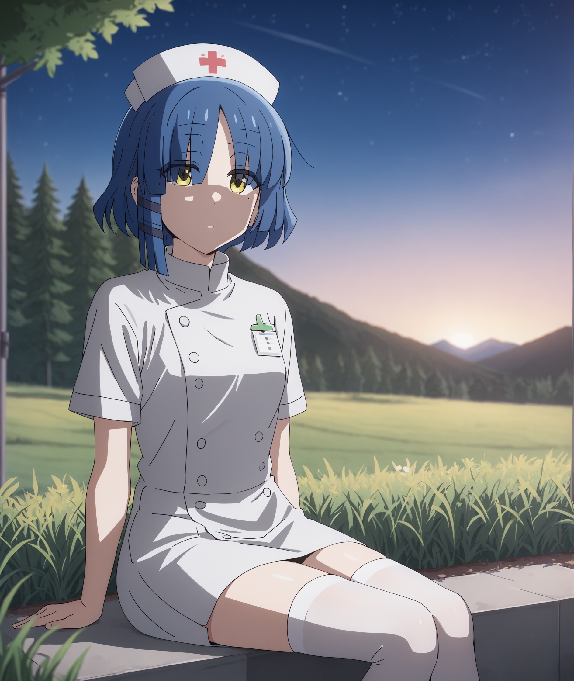score_9, score_8_up, score_7_up, highres, hi res, best quality, masterpiece, 2d, intricate details, 4k, anime coloring, shadow, uncensored,
1girl, solo, female, short hair, blue hair, yellow eyes, mole, mole under eye, expressionless, eyes visible through hair,
nurse cap, nurse, thighhighs, white thighhighs, short sleeves, 
sitting, leaning forward, cowboy shot, head tilt, looking up, looking at another,
outdoors, on grass, field, depth of field, mountain, horizon, outdoors, forest, field, night, sky, night sky, star \(sky\), starry sky, yamada ryo, yamada ryou, <lora:Ryou_Yamada_1024_Pony:1>, bocchi the rock!,