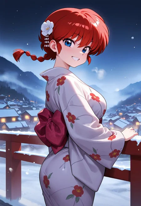 ranma, red hair, masterpiece, best quality, amazing quality, ultra detailed, solo, 1girl, adult, print kimono, hair ornament, night, particles, grin, looking at viewer, snow, cowboy shot, from side, handrail, valley, town, fog,
