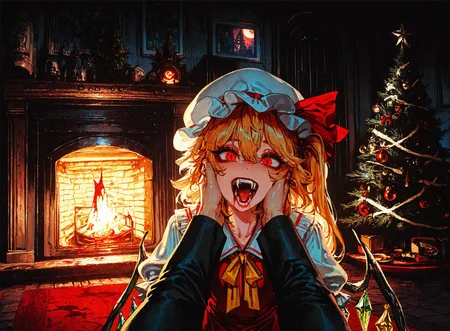 1girl,flandre_scarlet, blonde_hair ,blood ,blood_in_mouth ,crystal_wings, dress, fangs, hair_between_eyes ,hat , open_mouth, red_dress, red_eyes, red_moon, ribbon, sidelocks, vampire ,white_hat ,yellow_ribbon,pov,
chrlib, scenery, indoors, living room, night, oven, christmas tree, christmas ornaments, red carpet,
, Fishine,ireading ,noya_makoto ,quasarcake, retro_artstyle, retro,looking_at_viewer ,
masterpiece, best quality, amazing quality, very aesthetic, absurdres, newest, <lora:ponyv5_noobE11_1_adamW:0.6>, <lora:add-detail-xl:0.5>, <lora:cfg_scale_boost:0.5>, <lora:retro_scifi_artstyle:0.6>, <lora:USNR STYLE_XL_loha:0.6>, <lora:Christmas living room:0.6>