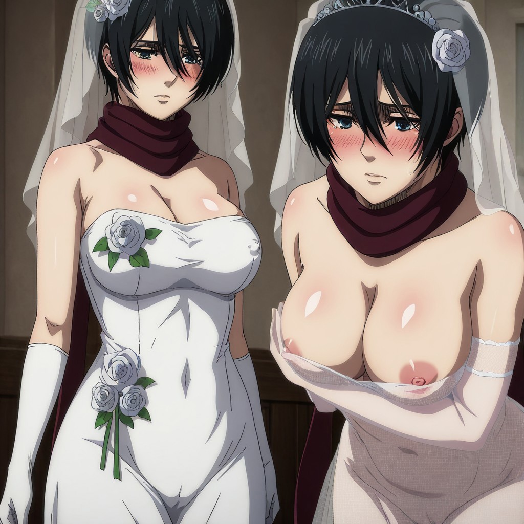 masterpiece,best quality,ultra-detailed face,(mikasa_ackerman),(1girl),female focus,red scarf,,BREAK
 cowboy shot, nipple slip,
WeddingDress, bridal veil, see-through, naked body, dress ornaments, fishnet dress, bride, underwear, long skirt, covered nipples, covered pussy, gloves, wedding dress,,
(big breast),blushing