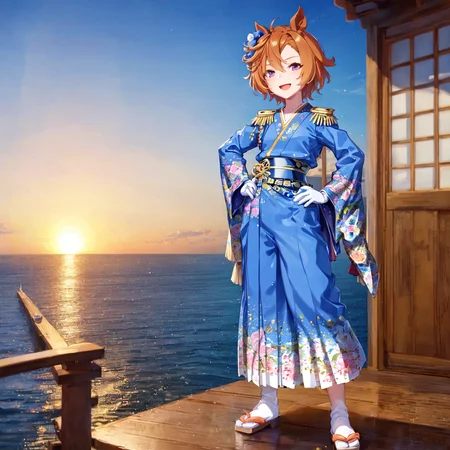masterpiece, best quality,
t.m. opera o \(umamusume\),
blue sky, sunrise, ocean,
standing, open mouth, smile,
on wooden ship, wooden floor, hands on own hip,
official alternate costume, japanese clothes, kimono, blue jacket, shirt, epaulettes, aiguillette, long sleeves, wide sleeves, white gloves, sash, hakama skirt, obi, floral print,
<lora:t.m._opera_o_loha:0.8>