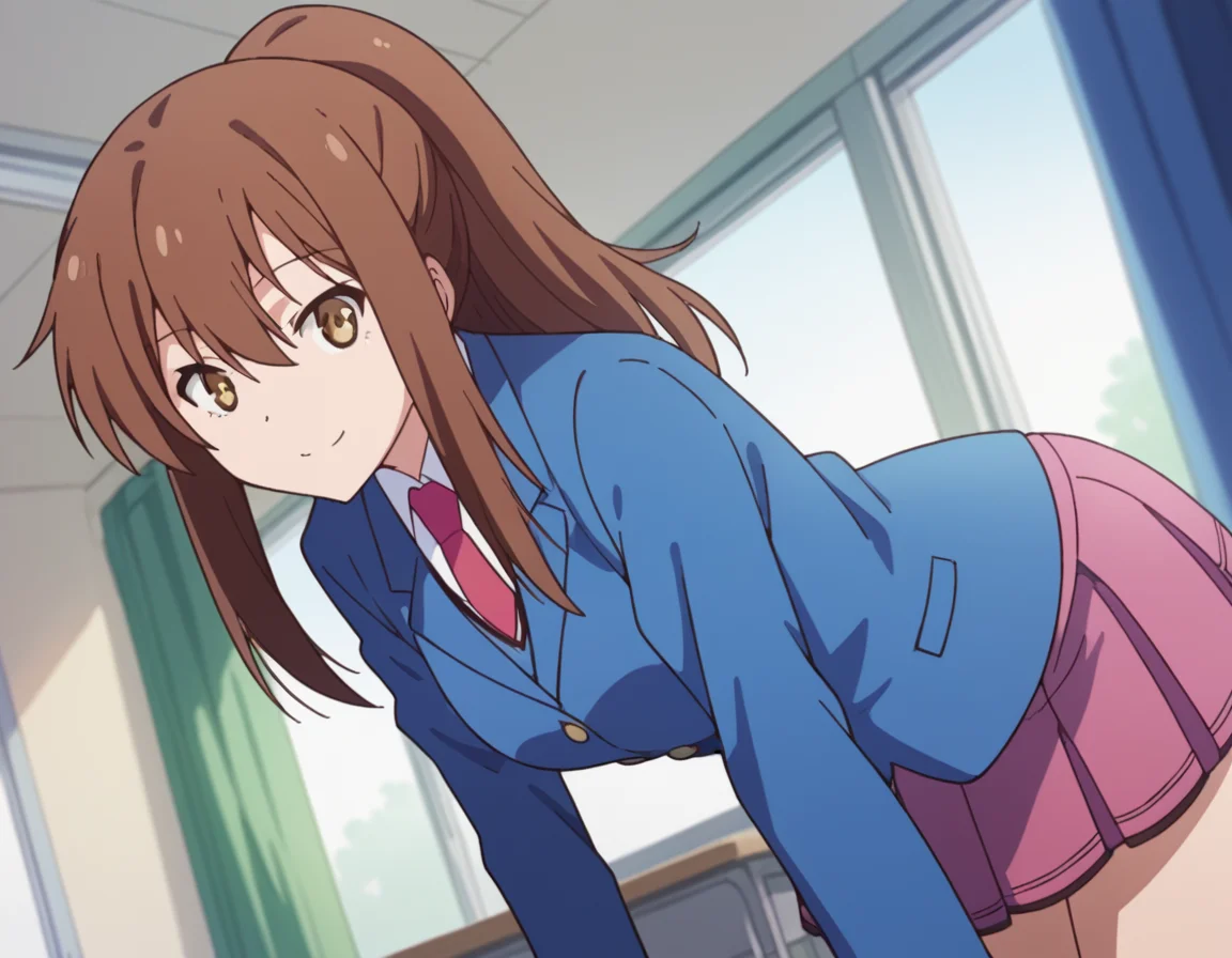 score_9, score_8_up, score_7_up, source_anime,
nanamiaoyama, <lora:nanami-aoyama-s1-ponyxl-lora-nochekaiser:1>,
nanami aoyama, long hair, bangs, brown hair, hair between eyes, brown eyes, ponytail, sidelocks,
skirt, school uniform, jacket, pleated skirt, necktie, blazer,
indoors, classroom, bent over, smile,
looking at viewer, cowboy shot, solo, dutch angle