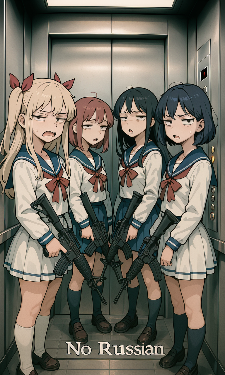 embedding:IllusP0s, no russian, elevator, holding weapon, assault rifle, 4girls, sailor school uniform, cringe, half-closed eyes, open mouth, looking at viewer, red ribbon, blue collar,<lora:no russian_illustrious.safetensors:1.0:1.0> <lora:cringe, half-closed eyes, open mouth, clenched teeth_Illustrious.safetensors:1:1>
