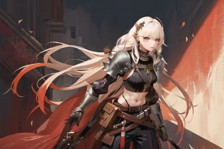 1woman, solo, armor, pauldrons, <lora:BarbarianT-18:0.8>, BarbarianT, muscular female, bare body builder abs, ((masterpiece: 1.4, perfect face, best quality: 1.2)), ultra highly detailed, detailed eyes, delicate hair details, armor faulds, fantasy crop top, arm armor, armor greaves, furry tippet, large breasts, sexy eyes, devilish grin, mixed blonde hair, extremely messy large shag hair cape, many braids and beads in hair, intricate details, hazel eyes, eyeliner, eyelashes, crossed_bangs, warpaint, one bare muscular armor with viking design tattoo, wide striped puffy sleeves, multicolor sleeves, tribal design asymmetrical lion cloths, leather boots, wide striped baggy pants trousers, tassel belt accessories, barbarian woman, brown leather hip belt with pouch on right side of hip, sword sheath on left side of hip belt, leather gloves with fur trim, saturated brown tones, nordic, fantasy aesthetic,(flat saturated colors), fine details, intense,(lineart:1.33), charactersheet, reference sheet, multiple views, white background