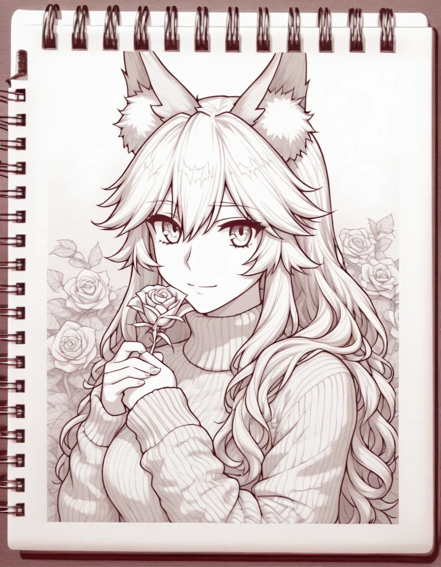 <lora:illustriousXLv01_stabilizer_v1.165c:0.8>pencil art on notebook,pencil on paper,wooden surface,1girl,fox ears,tamamo \(fate\),light smile,long hair,sweater,portrait,holding rose flower,monochrome,masterpiece,