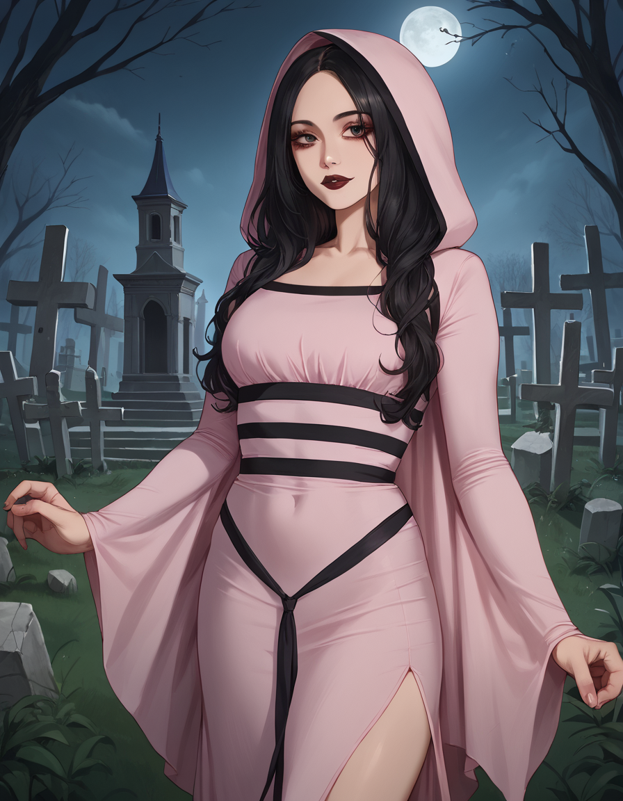 score_9, score_8_up, score_7_up, score_6_up, score_5_up, score_4_up, source_anime, best quality, 1girl, solo, black hair, lipstick, hud_lly_mnstr, pink dress, long sleeves, hood down, <lora:lily_munster-000008:1>, looking at viewer, light smile, cemetery, beautiful tombstones, moonlight