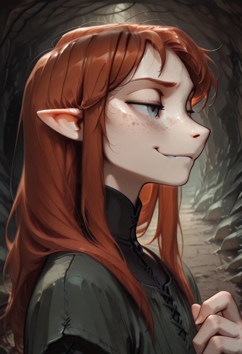 1person, solo, Lapanya, Malgha, freckles, pointy ears, Long-sleeve black shirt, green tunic,
Close up, side view, smirking,
Underground, organic cavern,
Masterpiece, high quality, highly detailed, perfect eyes,