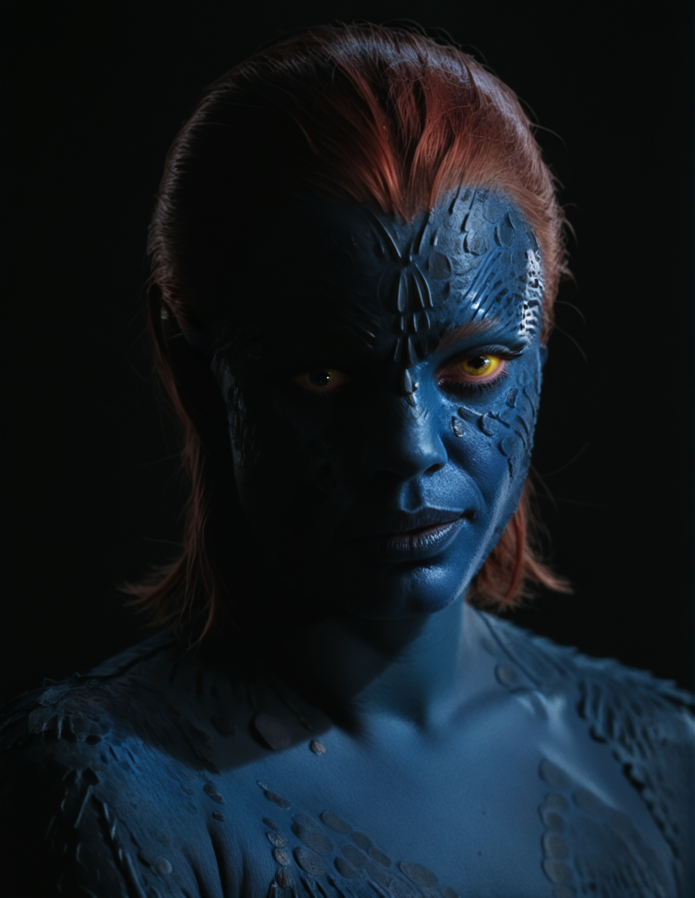 1girl, blue skin, red hair, yellow eyes, portrait <lora:Mystique:1> mystique, score_9, score_8_up, score_7_up, score_6_up