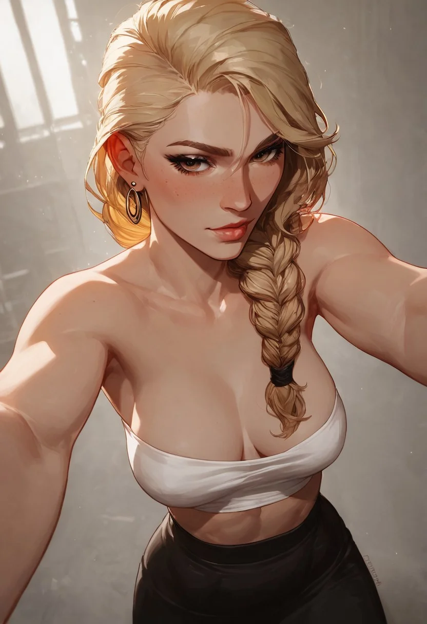 score_9, score_8_up, score_8, Expressiveh, woman in a club, dramatic lighting, high detail, perfect face, perfect eyes, detailed face, detailed body, detailed hands, textured skin, very detailed, 8k, UHD, high detail, solo, arcane, arcan3v2, BREAK, 1girl, human, 25 year old girl, hourglass figure, beautiful, swooping breasts, single long braid, blonde hair, hazel eyes, relaxed, tube top, long skirt, BREAK, taking selfie with centaur, size difference