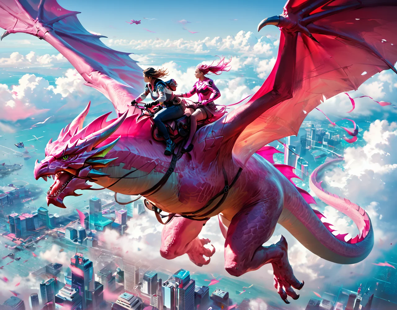score_9, score_8_up, score_7_up, the pink power ranger riding a huge robotic pink dragon, sky, flying, <lora:dragonriderpxl:0.8>, dragonriderpxl, motion, action shot, best quality, masterpiece, above the clouds, above cyberpunk city, 1girl,