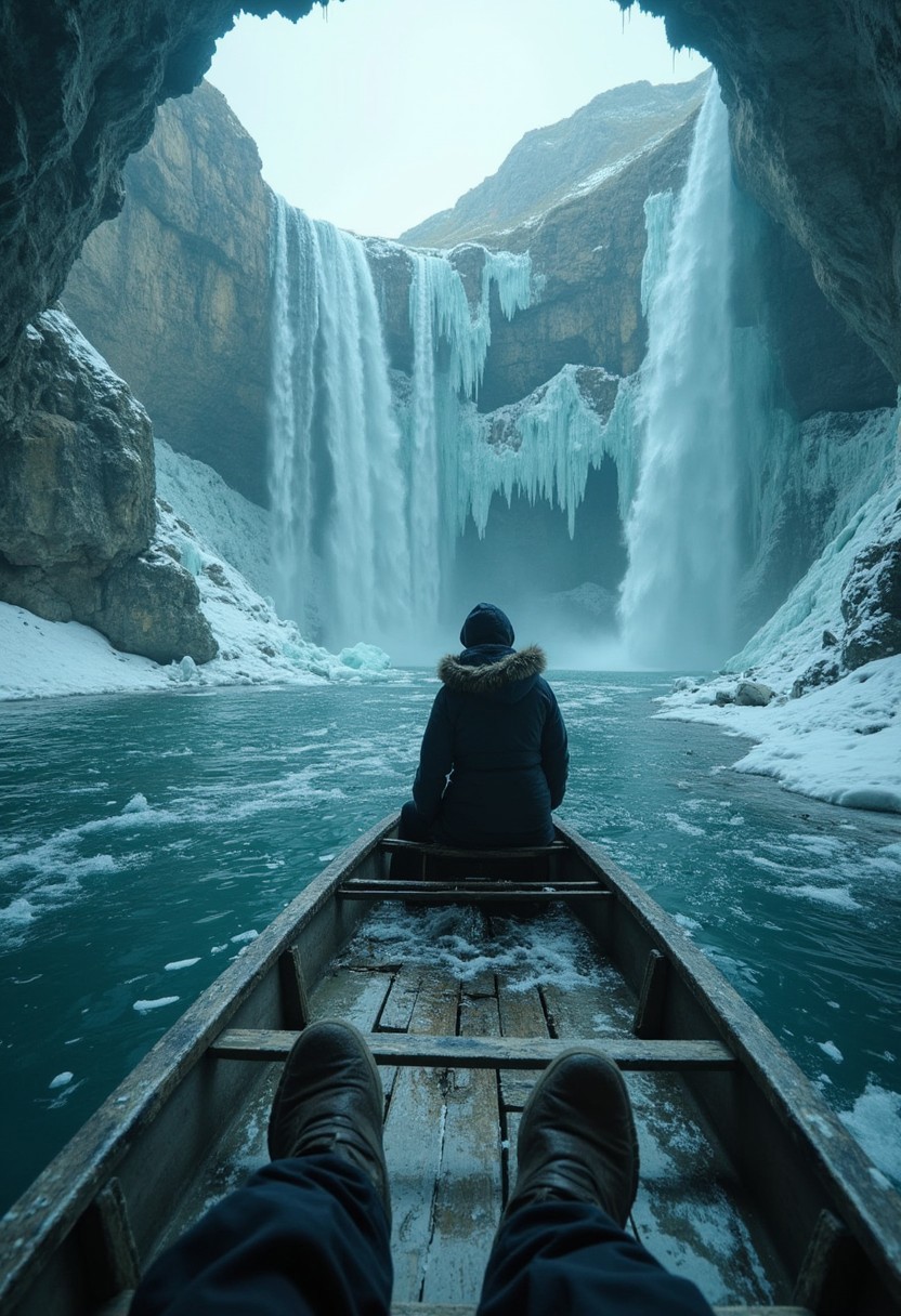 First-person view from a shivering pilgrim’s position in a ceremonial iceboat, bare feet slipping on frost-slick wood. The camera spins as you pass a frozen waterfall, while the reflection of a sacred cave’s entrance shimmers in a frost-encrusted amulet. A sudden roar reveals the waterfall collapsing, mirrored in the amulet’s facets. Twist: The icefall crushes the boat’s stern, forcing you to crawl across tilting debris, while the shattering ice blooms like spiderwebs.