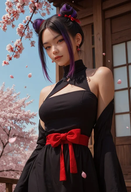 score_9_up, score_8_up, score_7_up, score_6_up, 1girl, 25 years old, perfect face, (adult), sexy,
blue eyes,
multicolored hair, two-tone hair, black purple hair, cone hair bun, earings,
asian dress, brown dress, black dress, off shoulder, turtleneck, red bow,
cowboy shot, dynamic pose, dynamic angle,
day, blue sky, cherry blossoms, falling petals, outdoors, spring (season), wind, looking at viewer