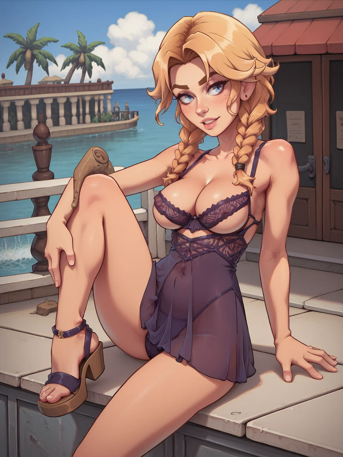 score_9, score_8_up, score_7_up, perfect eyes score_9, score_8_up, score_7_up, waterfront promenade, with sailboats bobbing in the harbor, waterfront cafes, the salty scent of the sea in the air, 1girl, solo, Huge breast, natural breasts, Dark ash blonde hair, Boho braids with feathers and beads, The High Leg: Cross one leg over the other, with the raised leg bent at the knee. This pose emphasizes your thighs and can be done in a variety of outfits., From a high-angle vantage point, looking downwards, <lora:Oh_La_La_Cheri_-_Hazel_Peek-A-Boo_Babydoll_Dress_-_Pony:1> hazel_peek_dress, covered nipples, <lora:Cumov_Pony:0.8> cumov, Shadow Amethyst babydoll dress