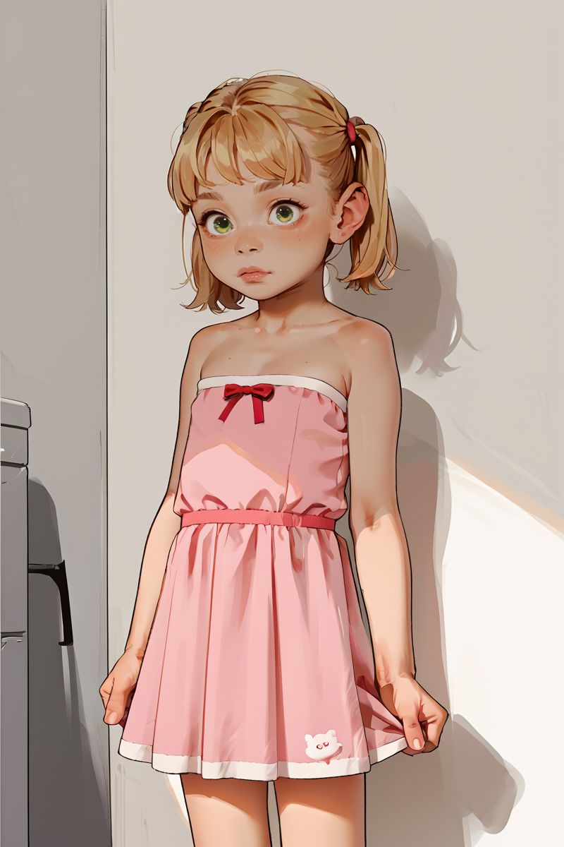source_anime,score_9,score_8_up,score_7_up,score_6_up,score_5_up,score_4_up,
1girl, solo, small petite, pretty, blonde hair, twintails ,short hair, green eyes, pink dress,
 <lora:age_slider_v4:-2> 
<lora:incase_v14:1>