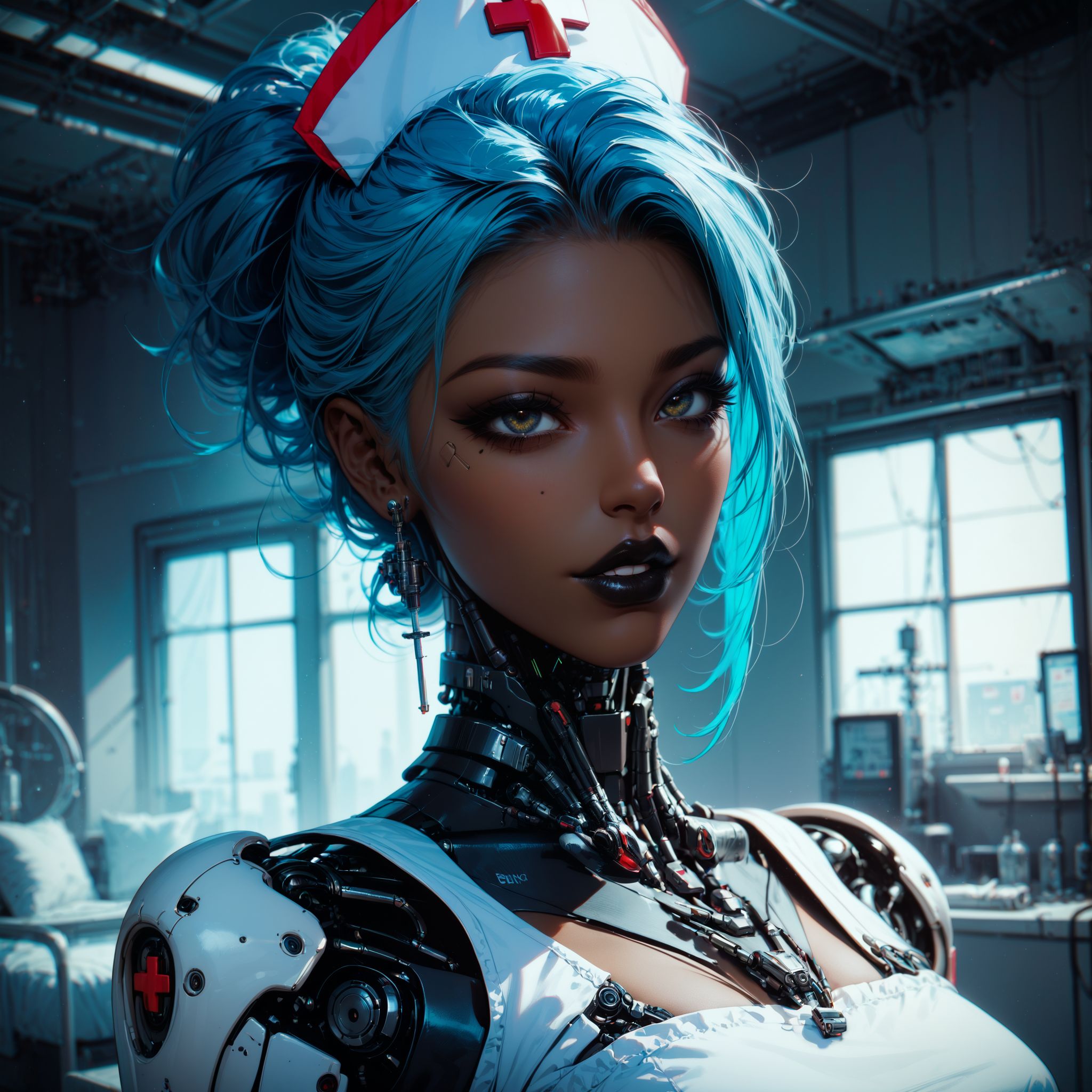 (score_9, score_8_up, score_7_up, zPDXL),
BREAK
A nurse full body  dark-skinned female blue hair   holding a syringe and a notepad. She walks towards the viewer in the hospital room. She has black lipstick, red skinhighly detailed, female focus, robot, cyborg , android, mechanical arms, cybernetic neck, bionic torso, bionic skin
BREAK
thick lineart, sharp edges, cel shading, linear hatching, black and white comic-noir aesthetics, film noir atmosphere, high contrast, duotone,