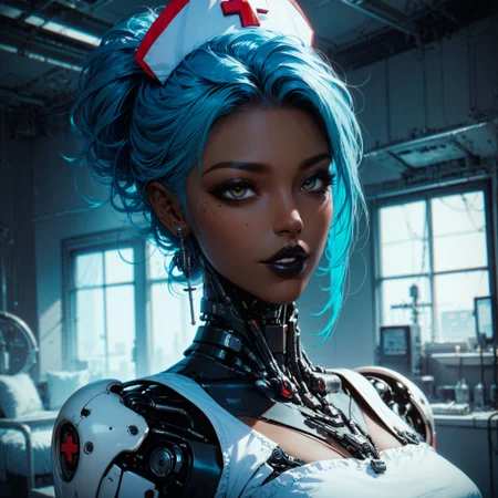 (score_9, score_8_up, score_7_up, zPDXL),
BREAK
A nurse full body dark-skinned female blue hair holding a syringe and a notepad. She walks towards the viewer in the hospital room. She has black lipstick, red skinhighly detailed, female focus, robot, cyborg , android, mechanical arms, cybernetic neck, bionic torso, bionic skin
BREAK
thick lineart, sharp edges, cel shading, linear hatching, black and white comic-noir aesthetics, film noir atmosphere, high contrast, duotone,