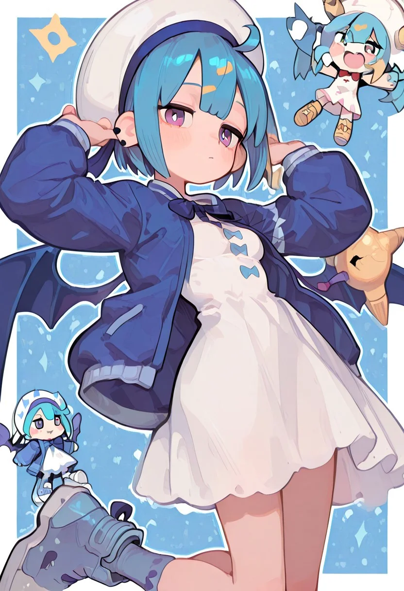 LiveTwinLil-laYu-Gi-Oh, short hair, blue hair, small breasts, white headwear, blue jacket, white dress, socks, blue footwear, wings,