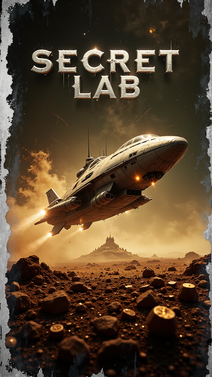 A spaceship landing on an alien planet, silver frame, with golden dust swirling around it with text: "Secret Lab"