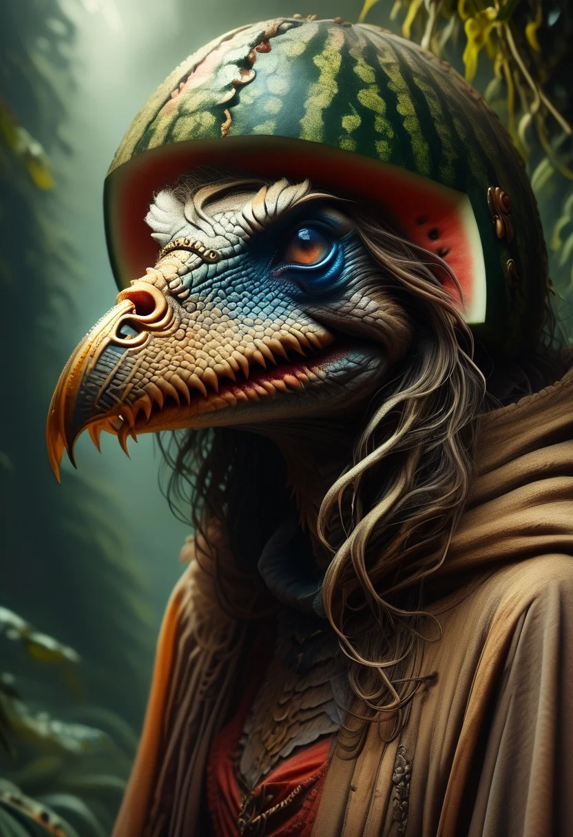 score_9, score_8_up, score_7_up, melonhelm, skeksis wearing watermelon helmet, beak, robe, open mouth, portrait, upper body