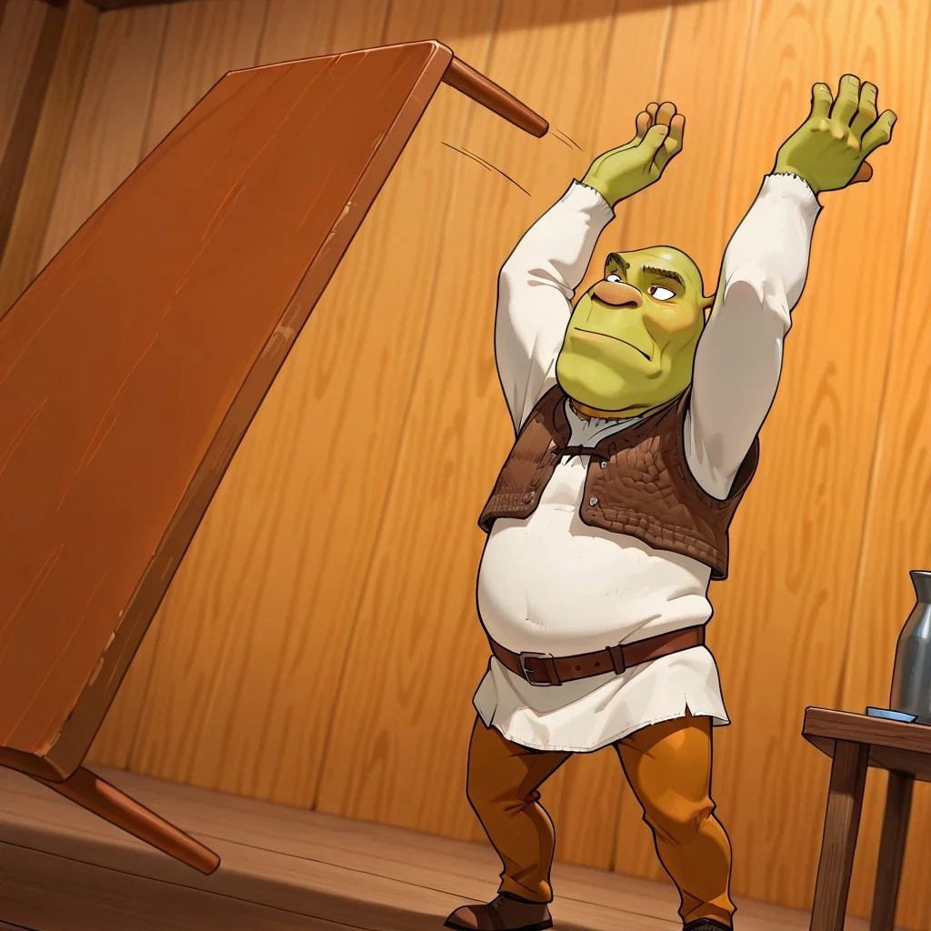 masterpiece, best quality, newest, absurdres, highres, anime, anime style, Table-Flip-IL.V1.0, table, table flip,
1boy, shrek, bald, green skin, brown vest, white shirt, brown belt, pants