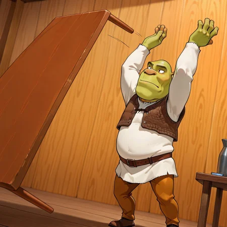 masterpiece, best quality, newest, absurdres, highres, anime, anime style, Table-Flip-IL.V1.0, table, table flip,
1boy, shrek, bald, green skin, brown vest, white shirt, brown belt, pants



