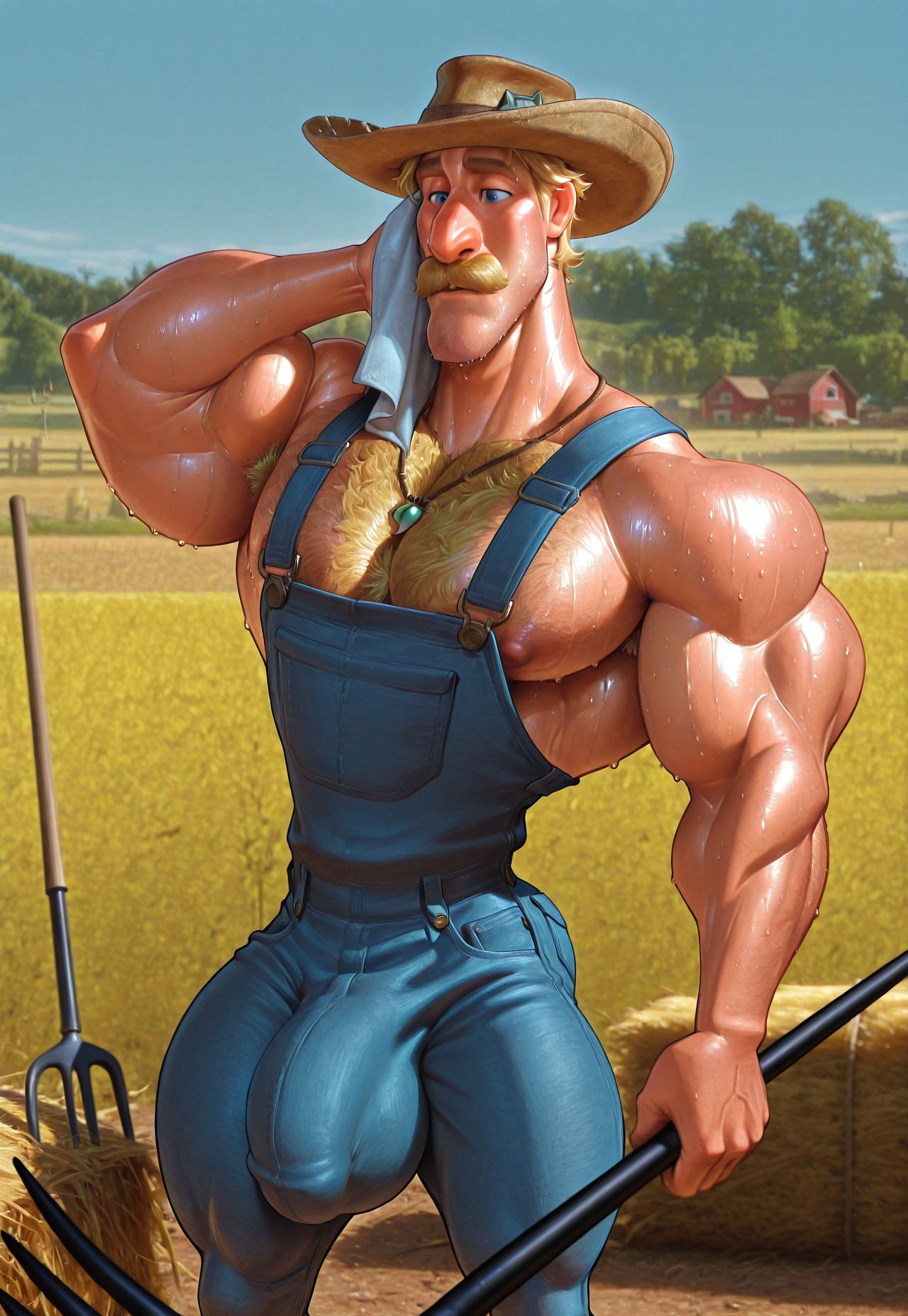 masterpiece, best quality, amazing quality, detailed background, intricate details, dynamic, cinematic, animated, anime realistic shading, solo, male focus, 1boy, handsome, ch4z, blond hair, blue eyes, thick moustache, stubble, hyper muscles, broad shoulders, hyper pectorals, huge pecs, chest hair, hairy, small waist, necklace, jeans overall, penis, large bulge, stray hat, brown boots, hay on mouth, pitchfork, holding, wiping sweat, sweaty, farm background, sunny, dutch angle