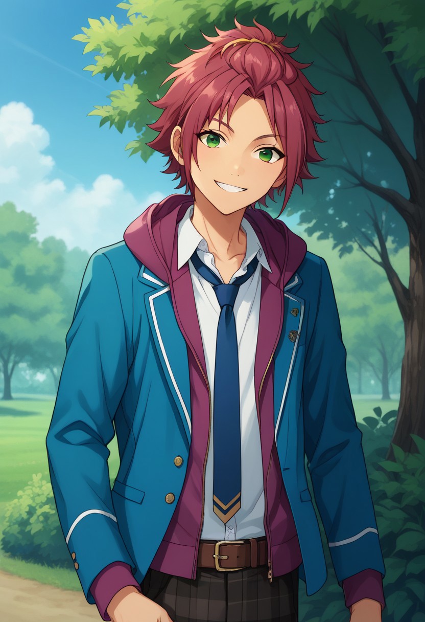 score_9, score_8_up, score_7_up, source_anime, highly detailed, 
maoisara, 1boy, plaid pants, male focus, solo, necktie, school uniform, green eyes, jacket, pants, plaid, blazer, hood, hoodie, purple hair, smile, looking at viewer, belt, blue jacket, purple hoodie, bangs pinned back, upper body
outdoor, sky, tree