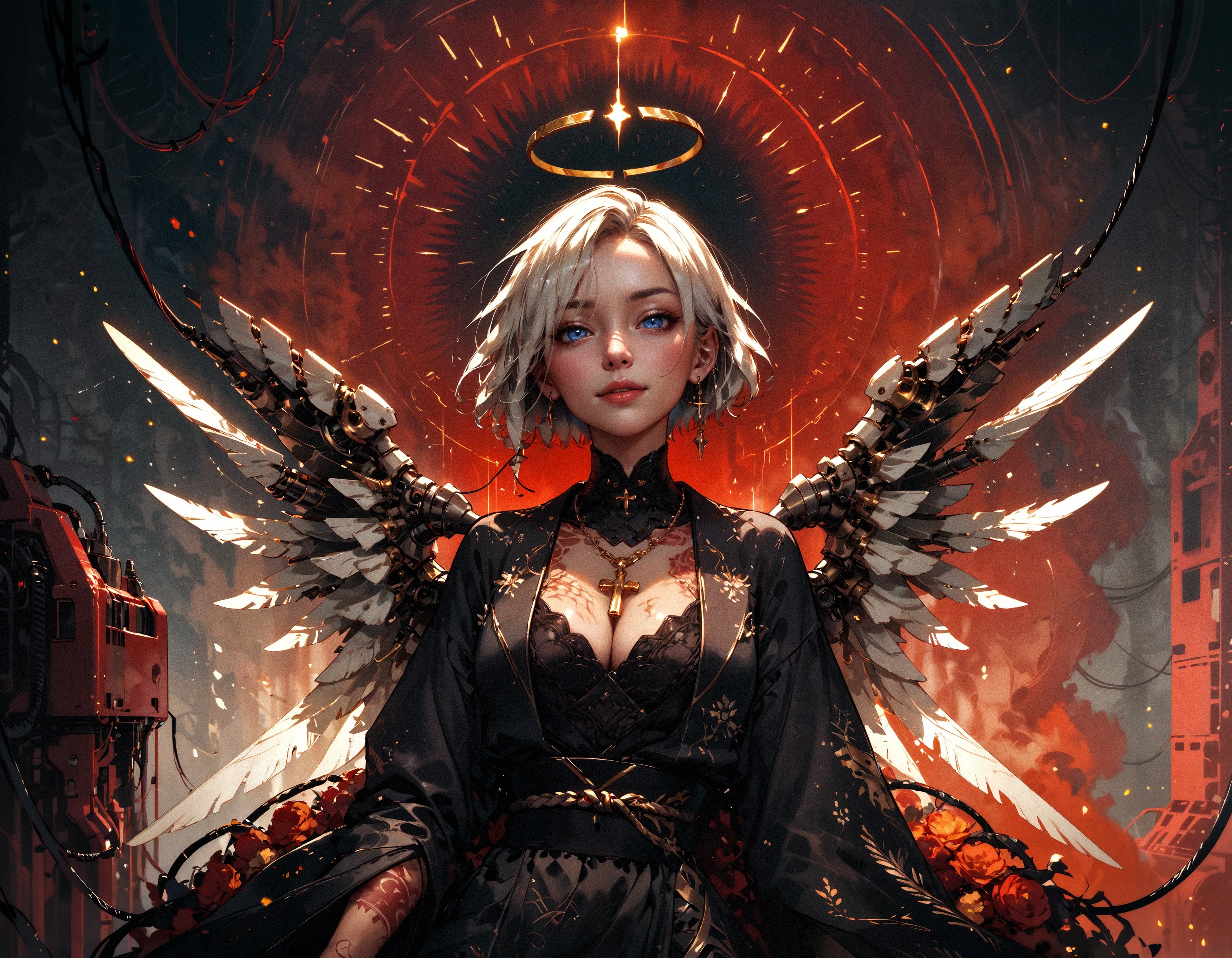 score_9, score_8_up, score_7_up, score_6_up, score_5_up, score_4_up,  Japanese woman, angel, standing, mechanical wings, back view, large wings, golden halo, glowing heart, white hair, short hair, standing, posing, cleavage, smiling, wearing black kimono, floral patterns, golden trim, (tattoos:1.1), bright particles, bright red particles, black collar, red theme, white theme, seductive, mechanical parts, cable, wires, machinery, joints, body suit, rising sun, golden cross necklace on chest