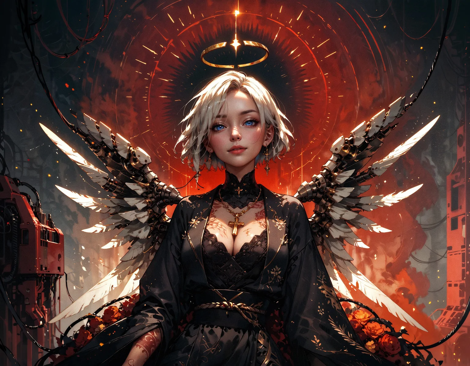 score_9, score_8_up, score_7_up, score_6_up, score_5_up, score_4_up, Japanese woman, angel, standing, mechanical wings, back view, large wings, golden halo, glowing heart, white hair, short hair, standing, posing, cleavage, smiling, wearing black kimono, floral patterns, golden trim, (tattoos:1.1), bright particles, bright red particles, black collar, red theme, white theme, seductive, mechanical parts, cable, wires, machinery, joints, body suit, rising sun, golden cross necklace on chest