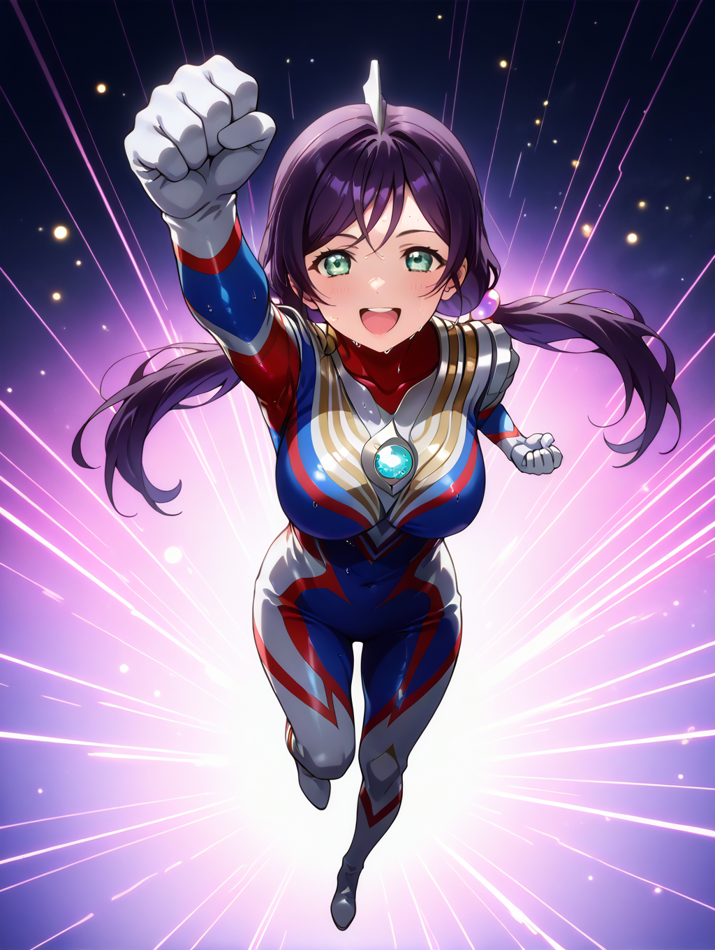 score_9, score_8_up, score_7_up, masterpiece, best quality, amazing quality, very aesthetic, absurdres, newest, WaiIL25PosC, WaiIL25PosD, , full body, from above, 
1girl, solo, very sweaty, laughing, looking at viewer, ultra rise, tokusatsu, hand up, clenched hands, knee up, , good_hands, , 
Nozomi Tojo, long hair, purple hair, green eyes, low twintails, large breasts, detailed hair, detailed facial features, , metal skin, colored skin, blue chest light, color timer, aliens, ultraman tiga, tokusatsu, boots, detailed body, detailed hands, 5fingers, , 
bright, violet theme, flash, special effects, light particles, light rays, perfect lights, high quality, <lora:spo_sdxl_10ep_4k-data_lora_webui:1>,<lora:ultra_rise:1>,<lora:pony_good_hands:0.9>,<lora:Nozomi_Tojo_r1:1>,<lora:Ultraman Tiga-PONY:1>,<lora:offset_0.2:0.3>