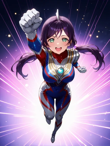score_9, score_8_up, score_7_up, masterpiece, best quality, amazing quality, very aesthetic, absurdres, newest, WaiIL25PosC, WaiIL25PosD, , full body, from above,
1girl, solo, very sweaty, laughing, looking at viewer, ultra rise, tokusatsu, hand up, clenched hands, knee up, , good_hands, ,
Nozomi Tojo, long hair, purple hair, green eyes, low twintails, large breasts, detailed hair, detailed facial features, , metal skin, colored skin, blue chest light, color timer, aliens, ultraman tiga, tokusatsu, boots, detailed body, detailed hands, 5fingers, ,
bright, violet theme, flash, special effects, light particles, light rays, perfect lights, high quality, <lora:spo_sdxl_10ep_4k-data_lora_webui:1>,<lora:ultra_rise:1>,<lora:pony_good_hands:0.9>,<lora:Nozomi_Tojo_r1:1>,<lora:Ultraman Tiga-PONY:1>,<lora:offset_0.2:0.3>