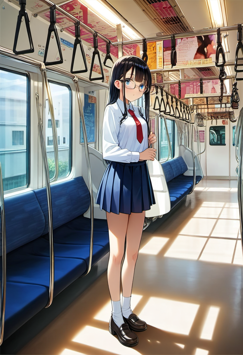 score_9, score_8_up, score_7_up, rating_safe, masterpiece, best quality, absurdres, unity 8k wallpaper, official art, official style, source_anime, game cg, megami magazine,  glasses,
1girl, solo, glasses, black hair, long hair, blue eyes, collared shirt, red necktie, pleated skirt, blue skirt, looking at viewer, blush, 
e233, train interior, scenery, seat, vanishing point, poster (object), sunlight, 
 <lora:E233_1000_PONY_V1:1>