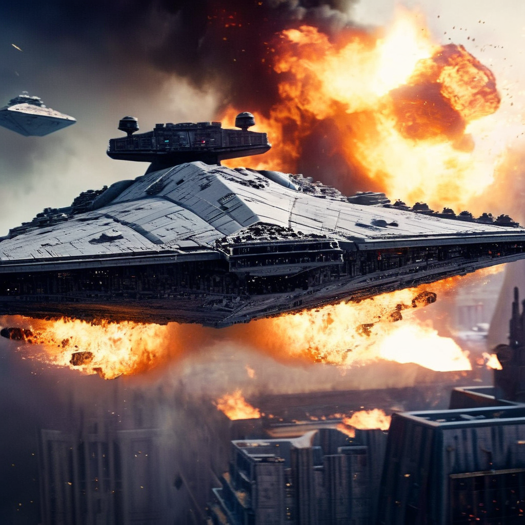 cinematic film still of  <lora:star wars style:1.5>
In star wars universe a sci - fi epic battle with a destroyed Imperial Star Destroyer on fire in air flying over a futuristic city star wars style, shallow depth of field, vignette, highly detailed, high budget, bokeh, cinemascope, moody, epic, gorgeous, film grain, grainy