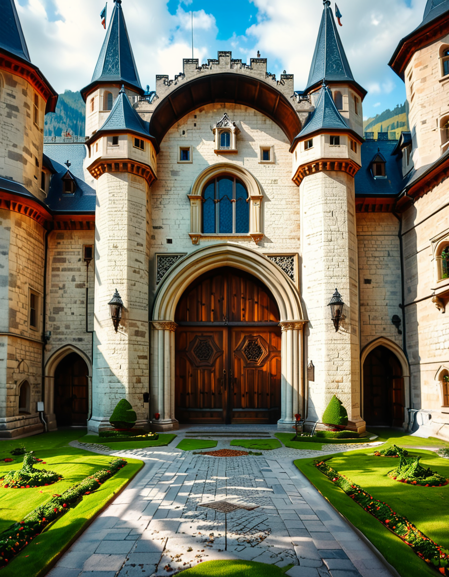 A highly detailed and realistic photograph of the massive entrance door of a medieval castle. The heavy wooden door is reinforced with large iron studs and intricate metalwork, set within a grand stone archway. The aged stone walls surrounding the entrance are weathered, covered in patches of moss and ivy, giving a sense of ancient history.
The cobblestone pathway leading to the door is slightly worn, with scattered fallen leaves and small tufts of grass growing between the stones. Above the entrance, a small, narrow window or arrow slit adds to the castleâs defensive design. The scene is illuminated by soft, natural light, casting shadows that highlight the textures of the stone and wood. The atmosphere is mysterious and majestic, evoking a sense of medieval grandeur.
<lora:SDXLFaeTastic2400:0.4> <lora:extremely_detailed:0.4> extremely detailed,  <lora:medieval_c4stl3_d00r:1>,medieval c4stl3 d00r, Masterpiece,best quality,hi res,8k,hi res,8k,award winning,(sharp focus, intricate, highly detailed),