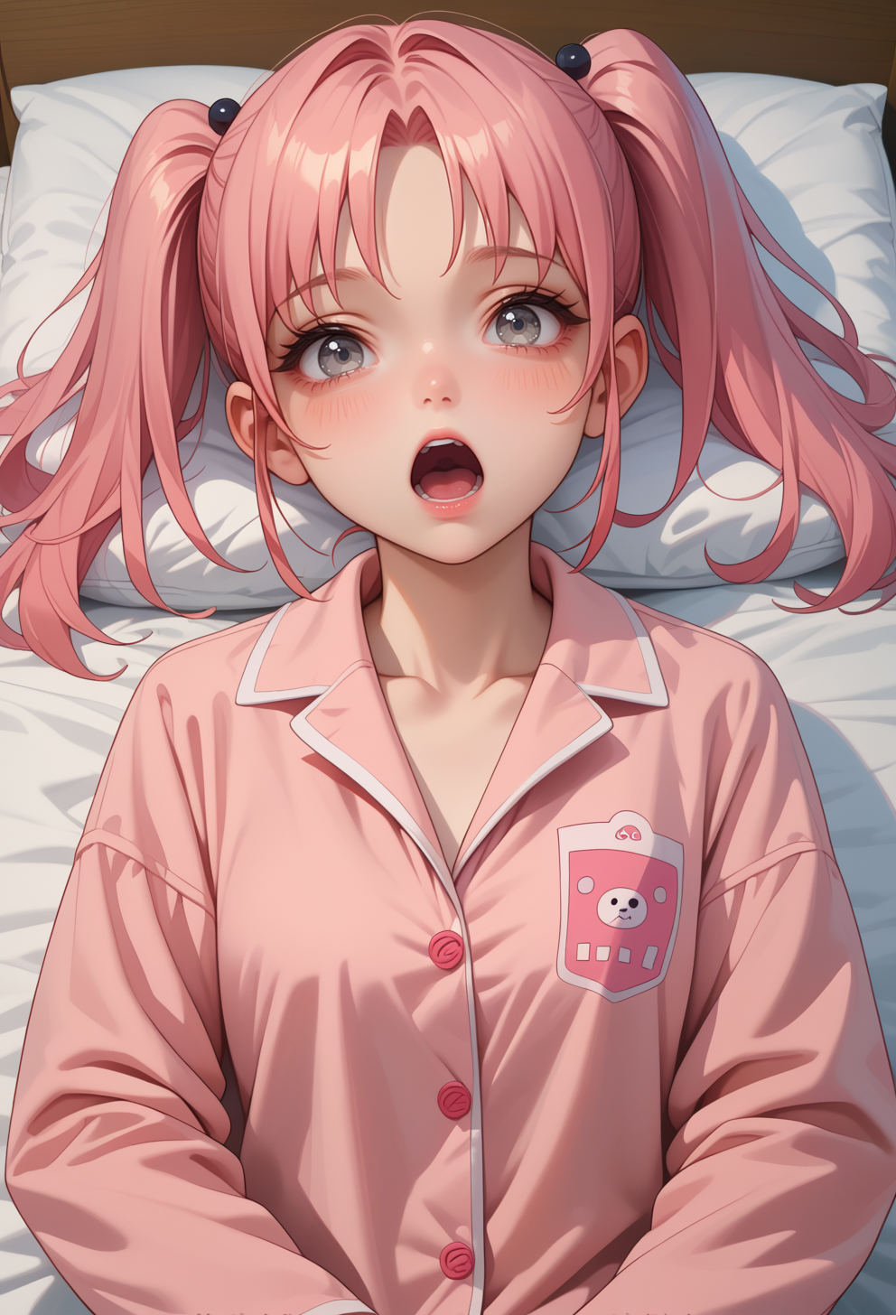 score_9, score_7_up, source_anime, BREAK <lora:AEIda:0.7>  AEIlda, grey eyes, long hair, pink hair, twintails,
pink pajamas, on bed, rubbing eyes, open mouth,