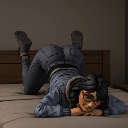 3D, Sarah, 1girl, alone, short shoulder-length black hair, red glasses, hooded jacket, partially unbuttoned, undershirt, pants, ankle boots
Sarah lying on a bed, perfect round butt, face down, head on the edge of the bed, feet up, so sexy, soles of her feet. Face, smile, hands on chin. See user