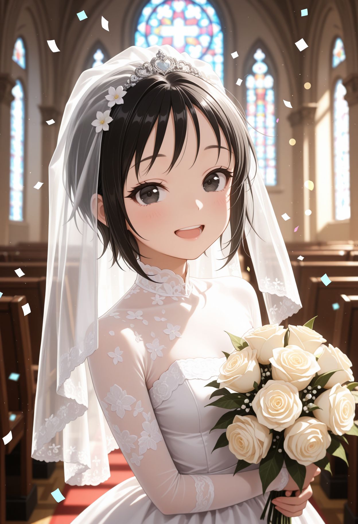 masterpiece,best quality,absurdres,highres,very aesthetic,high quality,detailed,insanely detailed,beautiful,perfect lighting, ,depth of field,blurry background,bokeh, looking at viewer,
,  <lora:Rindou llu:1> 1girl, black hair, short hair, black eyes, (wedding dress, veil, church, holding bouquet, (confetti:1.1), smile, open mouth, white dress, wedding dress), indoor