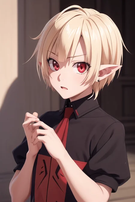 masterpiece, best quality, high quality, 1boy, solo, male focus, looking at viewer, upper body, <lora:gasper_vladi:0.68>, gasper_vladi, pointy ears, blonde hair, red eyes, ,