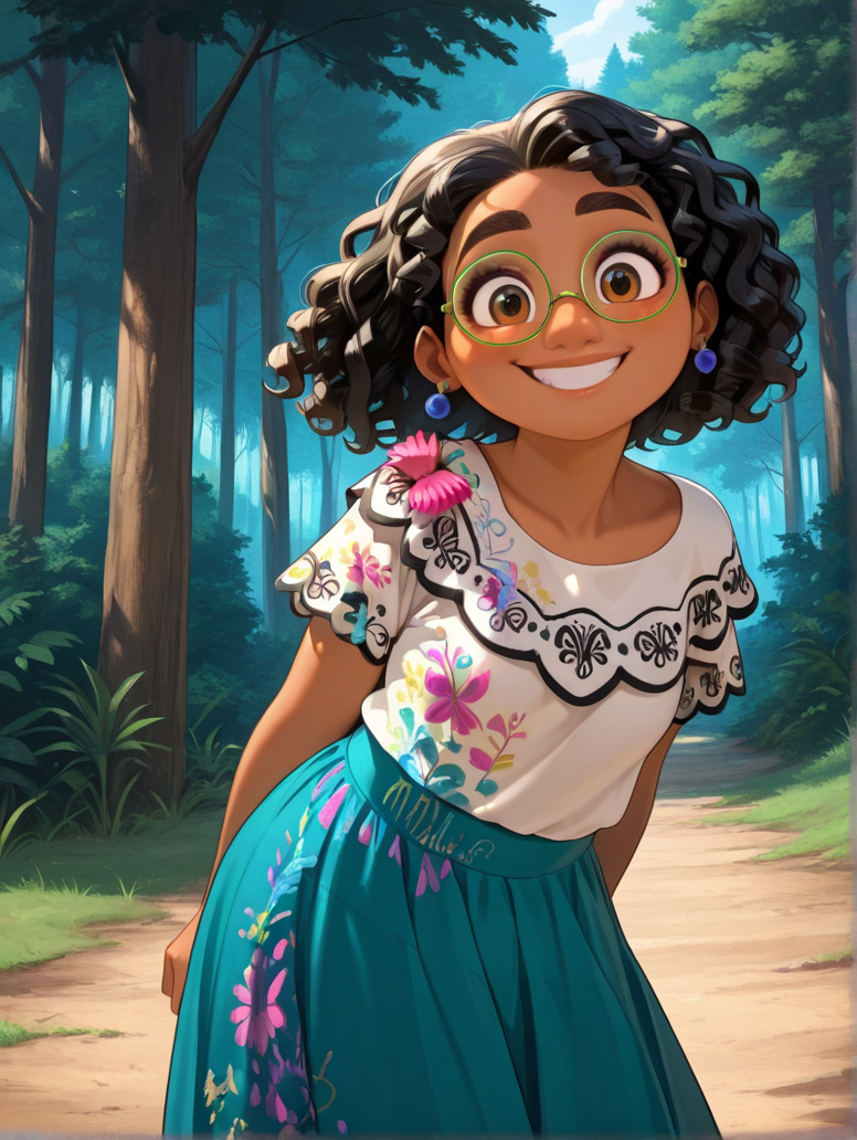 masterpiece, best quality, amazing quality, very aesthetic, absurdres,  newest, detailed background, outdoors, dynamic angle, cartoon,  cowboy shot, forest, 
mirabelxd, 1girl, solo, dark-skinned female, earrings, skirt, smile, brown eyes, jewelry, black hair, curly hair,shirt, sandals, looking at viewer, aqua skirt, floral print, green-framed eyewear, long skirt, short sleeves, glasses, white shirt, dreadlocks, print shirt,  
<lora:Mirabel_-_Disney_Illustrious:1>
