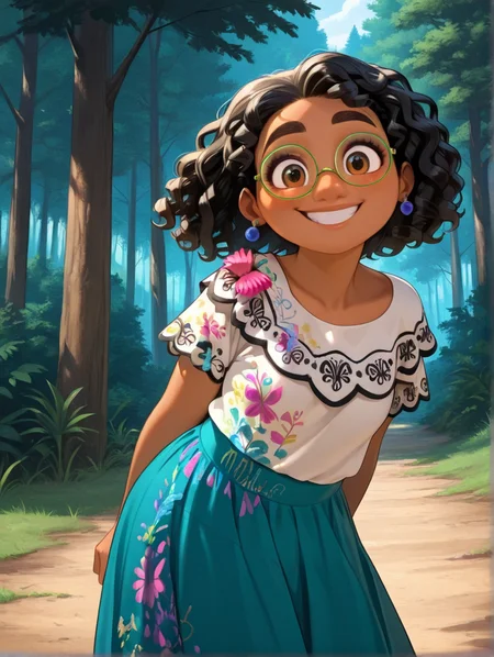masterpiece, best quality, amazing quality, very aesthetic, absurdres, newest, detailed background, outdoors, dynamic angle, cartoon, cowboy shot, forest,
mirabelxd, 1girl, solo, dark-skinned female, earrings, skirt, smile, brown eyes, jewelry, black hair, curly hair,shirt, sandals, looking at viewer, aqua skirt, floral print, green-framed eyewear, long skirt, short sleeves, glasses, white shirt, dreadlocks, print shirt,
<lora:Mirabel_-_Disney_Illustrious:1>