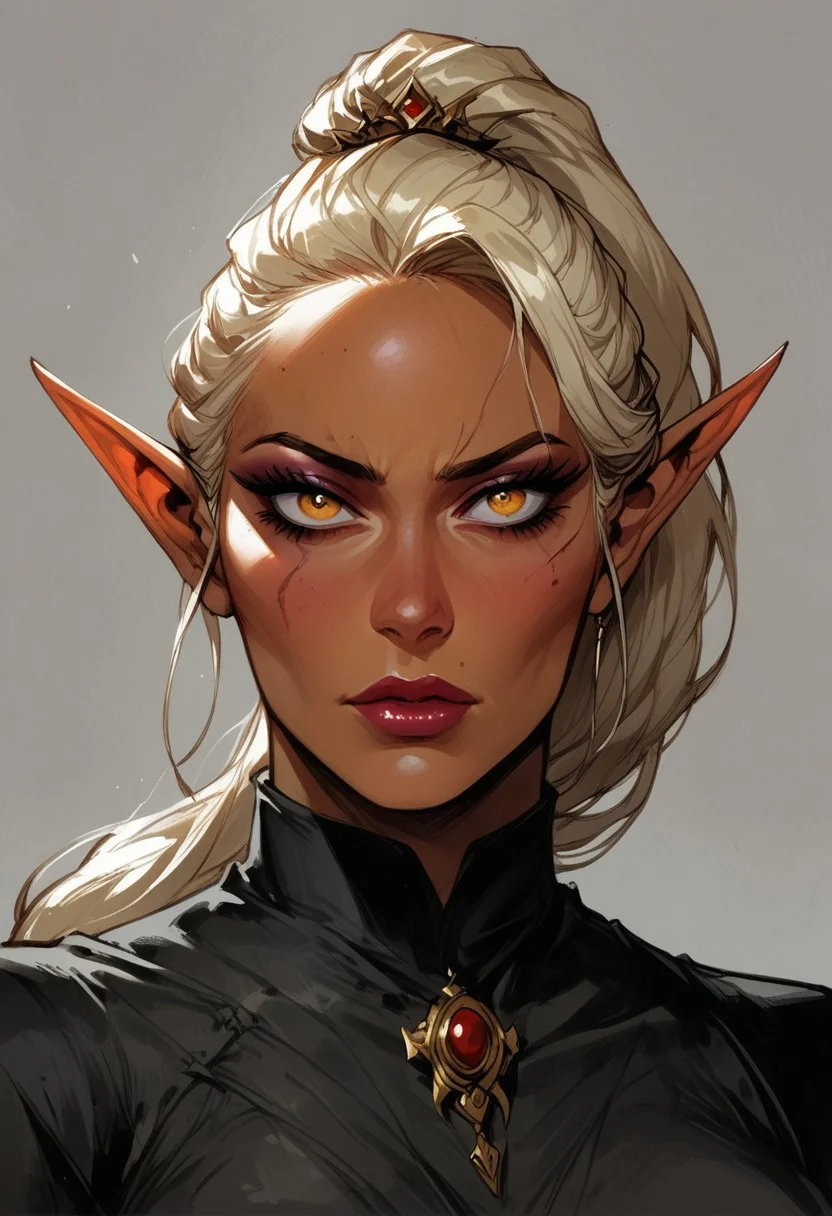 score_9, score_8_up, score_7_up, BREAK,
1girl, mature and imposing, 30 years old, portrait, beautiful, Elf  wizard, asian, asian woman, golden colored skin, tanned skin, tanned, sunbathed, sunbathed skin, evil, villain, blonde hair, medium brests, golden eyes, mature, mature woman, long ponytail, single ponytail, side bangs,<lora:Fant5yP0ny:0.6> <lora:fantasy_world_pony:0.9>
<lora:Cherry-Gig:0.55>