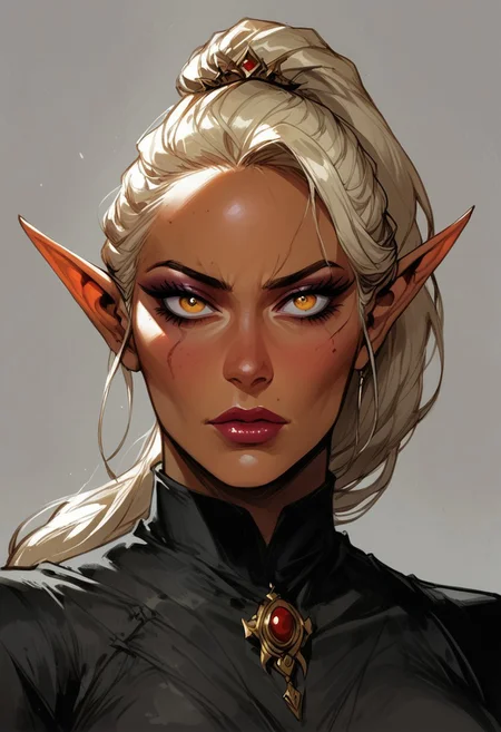 score_9, score_8_up, score_7_up, BREAK,
1girl, mature and imposing, 30 years old, portrait, beautiful, Elf wizard, asian, asian woman, golden colored skin, tanned skin, tanned, sunbathed, sunbathed skin, evil, villain, blonde hair, medium brests, golden eyes, mature, mature woman, long ponytail, single ponytail, side bangs,<lora:Fant5yP0ny:0.6> <lora:fantasy_world_pony:0.9>
<lora:Cherry-Gig:0.55>
