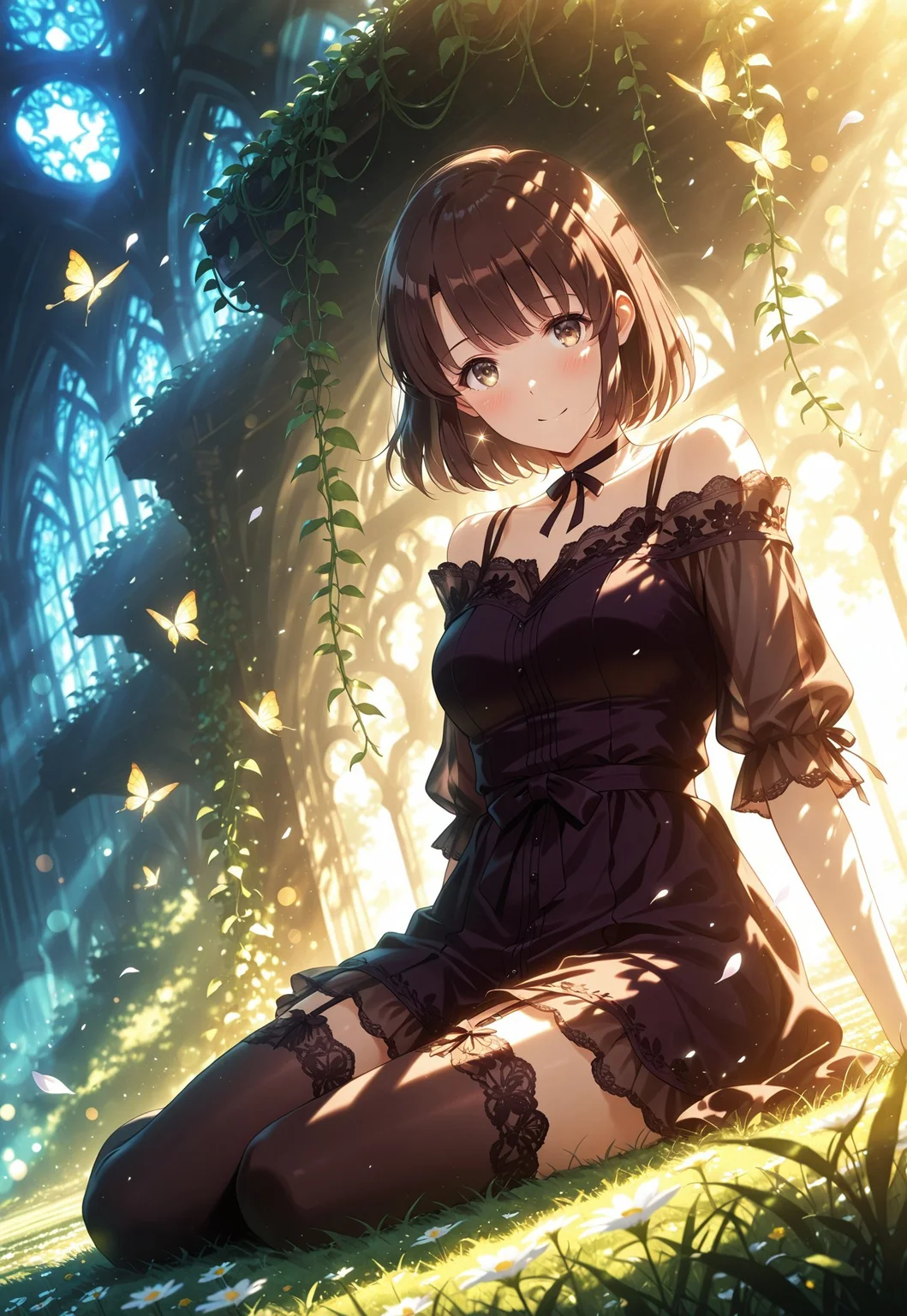 safe_pos, dynamic view, dutch angle, dynamic angle, cinematic framing, (digital painting:0.8), auralora, (aura:0.2), mythp0rt, bokeh, (luminescent background:0.8), elegant, masterpiece, best quality, highly detailed, high contrast, dramatic shadows, raytracing, subsurface scattering, fantasy garden, dress, off shoulder, thigh high stockings, glowing butterflies, floating petals, magical sparkles, translucent fabric, ribbon choker, soft blush, gentle smile, sitting on grass, flower vines , looking at viewer, (solo), 1girl,Megumi <lora:IL-KatoMegumi:0.8>,brown hair,katou megumi,brown eyes,medium breasts,short hair, ((detailed eyes))